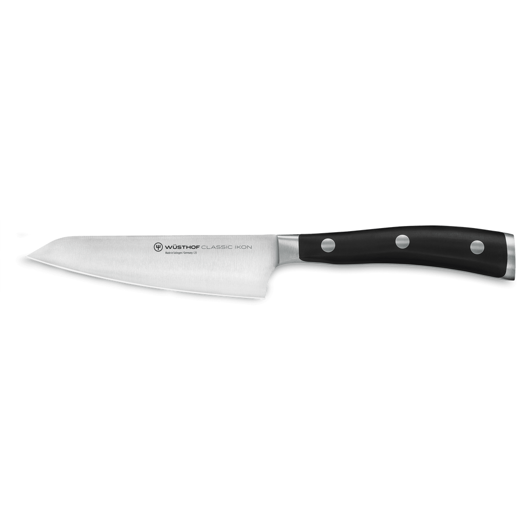 Classic Ikon Asian Utility Knife 12 cm | 4 1/2 inch with a sharp forged stainless steel blade and full tang triple-riveted black handle