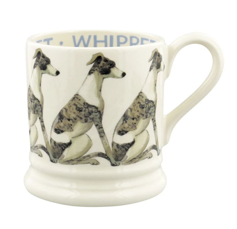 Ceramic mug with whippet dog design on a white background