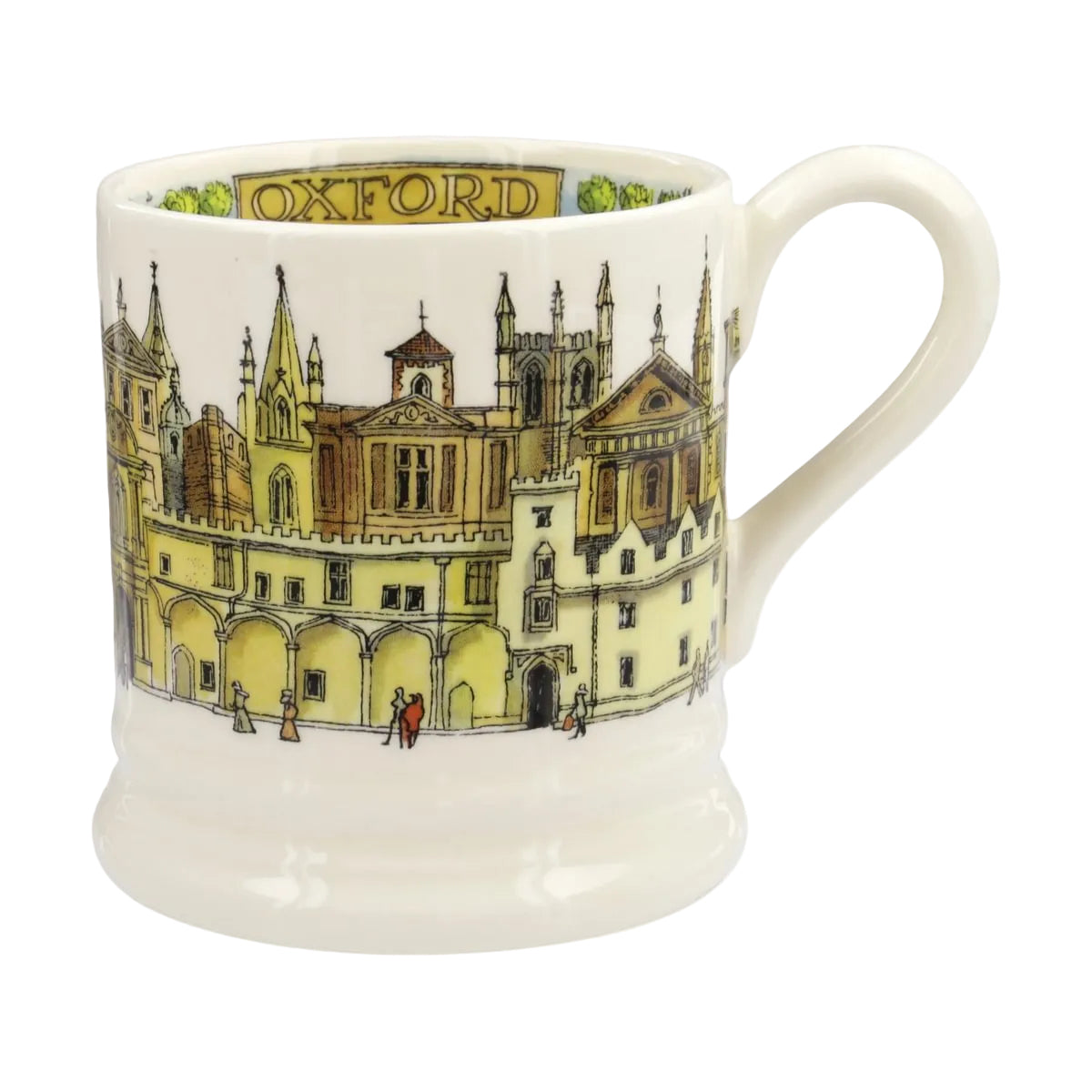 A white ceramic mug featuring a detailed illustration of Oxford's historic architecture, with the word 'OXFORD' printed inside the rim.