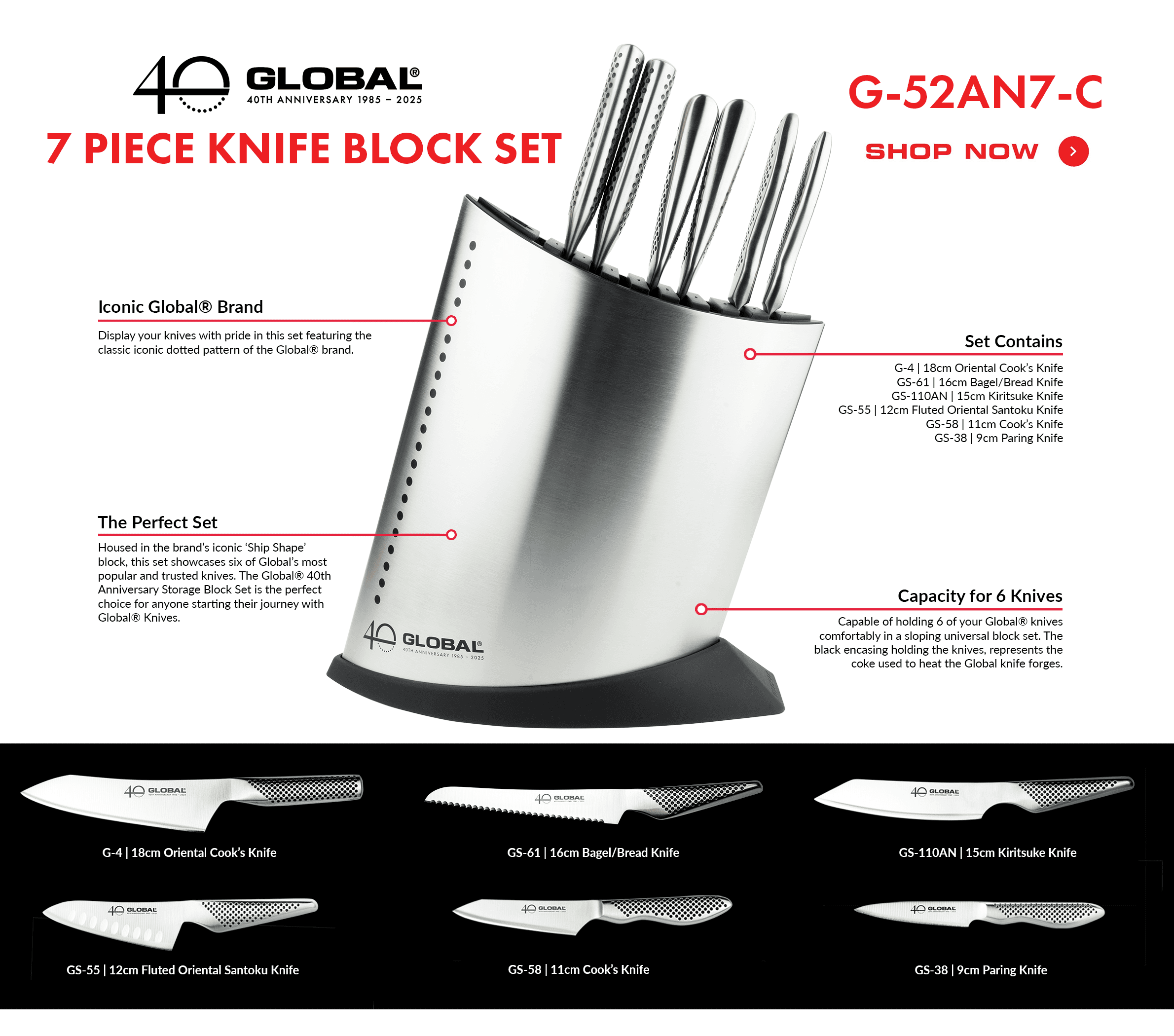 Global 40th Anniversary 7 Piece Knife Block Set G-52AN7-C