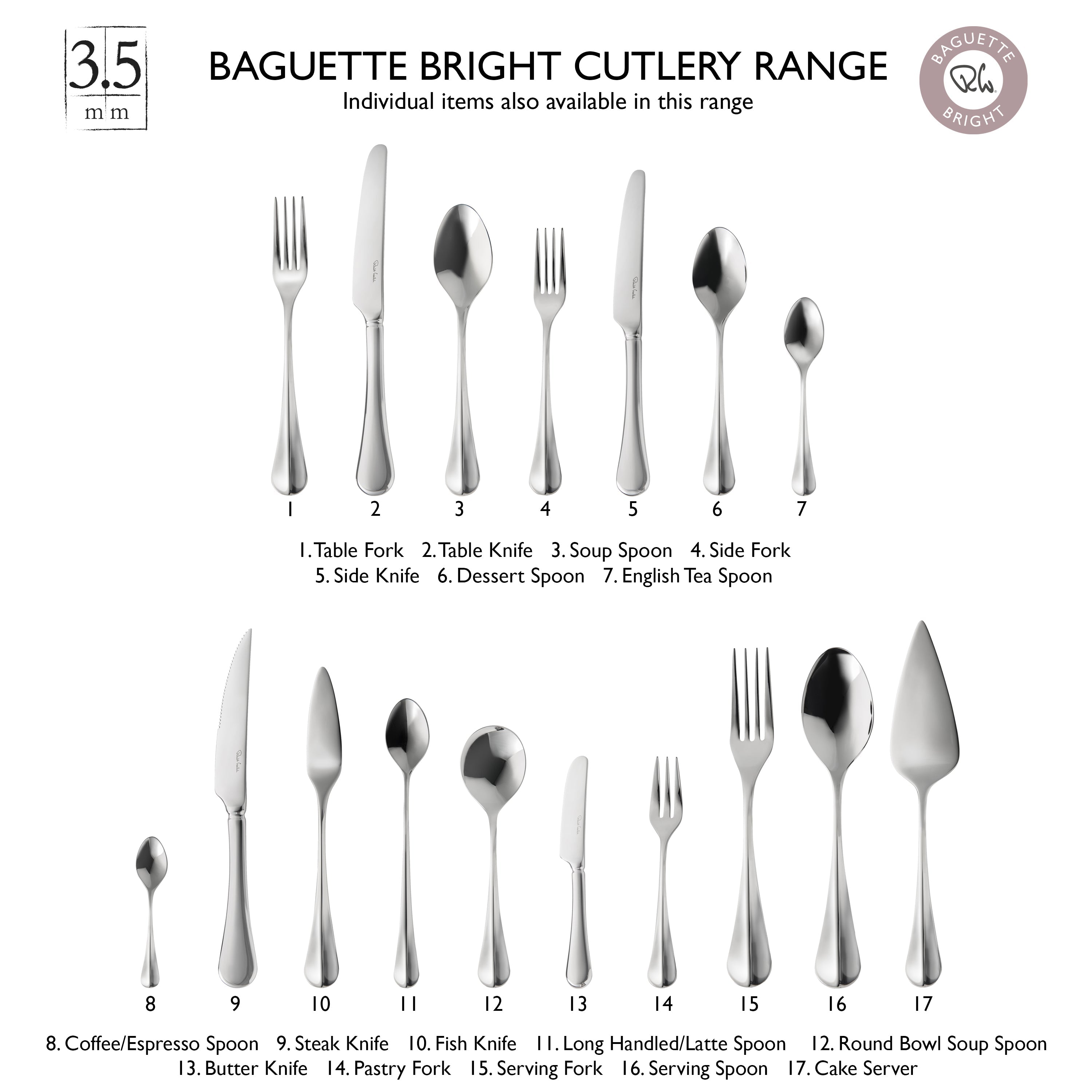 Baguette Bright Cutlery Set, 24 Piece for 6 People