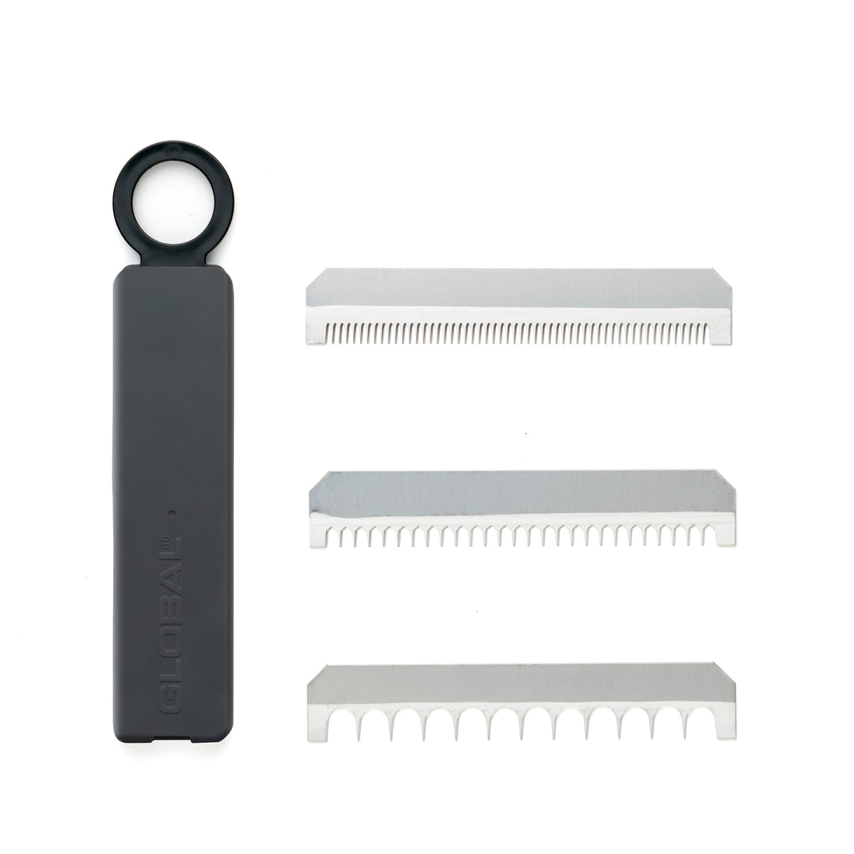 steel blades for Global's 6.4cm mandolin slicer with protective case. Blades are toothed for julienning, shredding, grating and slicing onions, cucumbers, potatoes for french fries and more.
