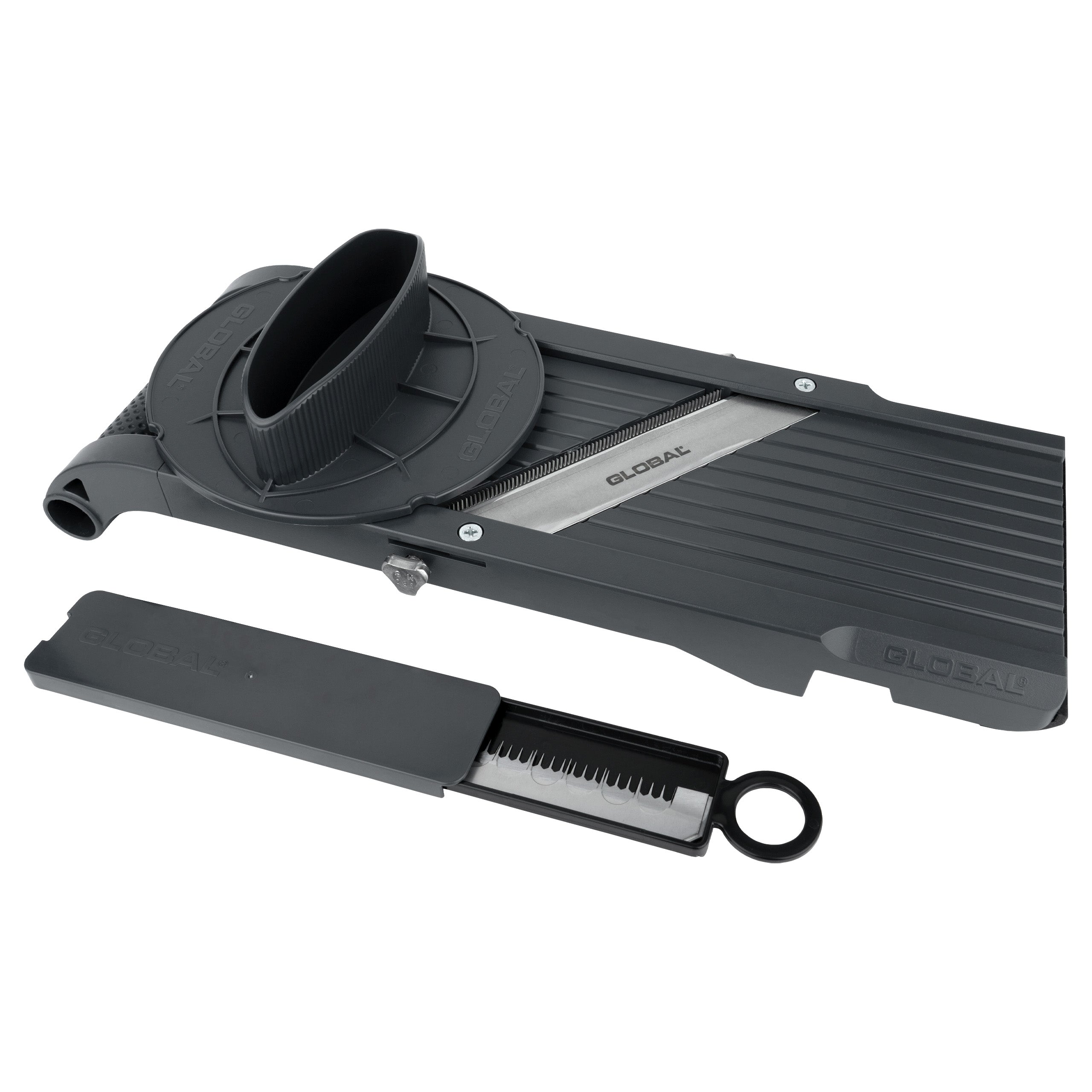 Black vegetable slicer with detachable blades for slicing, julienning and shredding fruit and vegetables with protective case on a white background.