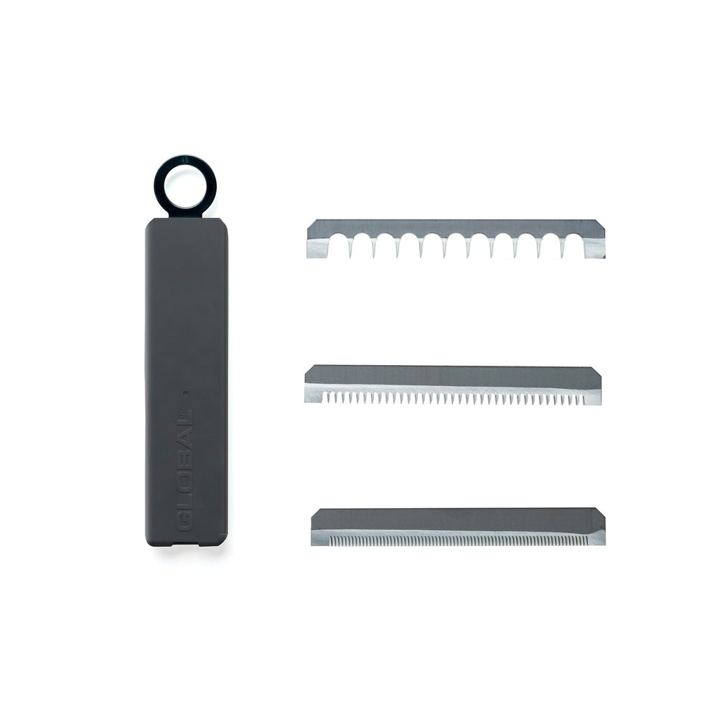 Product image of 3 additional stainless steel blades for Global's 9.5cm mandolin slicer with protective case. Blades are toothed for julienning, shredding, grating and slicing onions, cucumbers, potatoes for french fries and more.