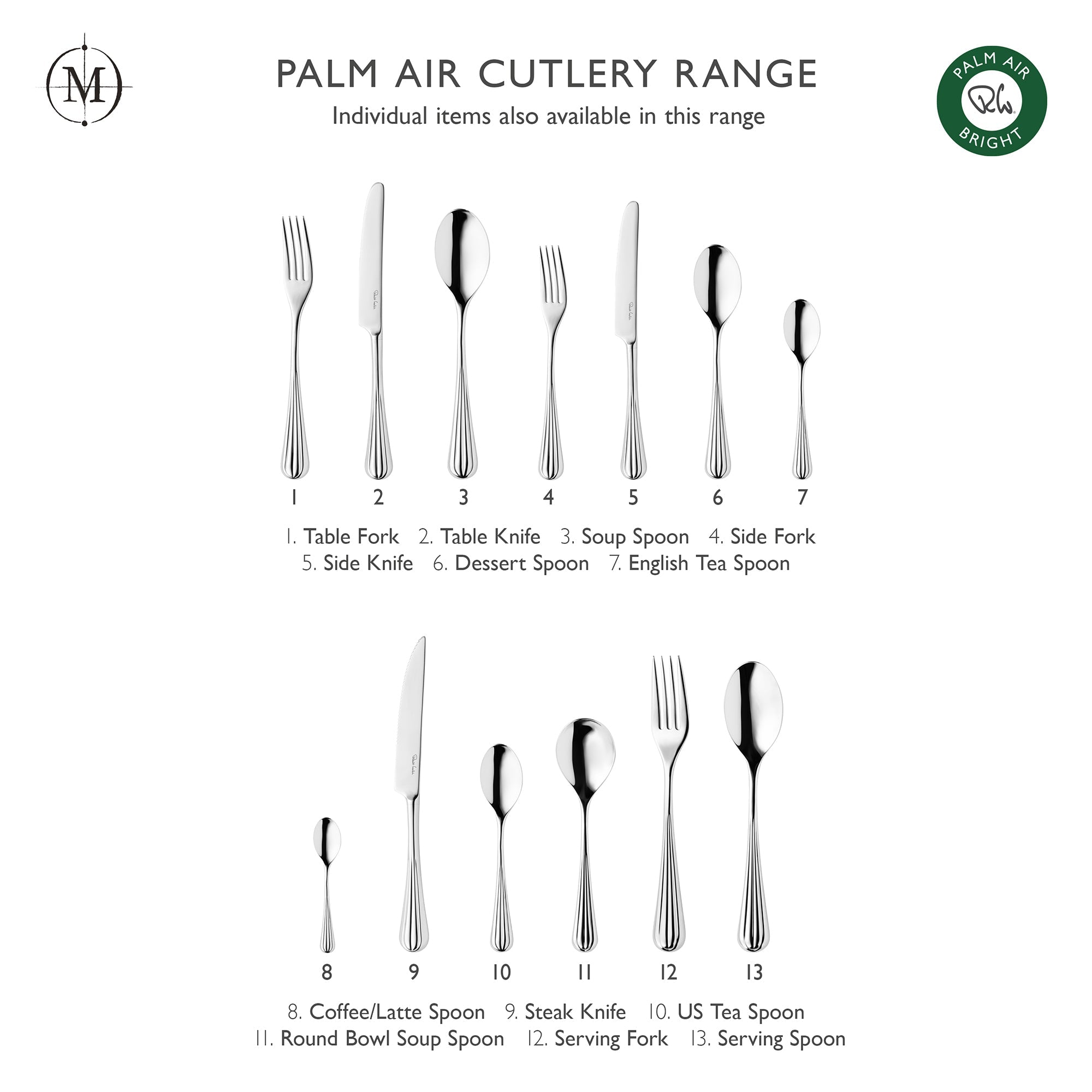 Palm Air Bright Cutlery Set, 84 Piece for 12 People