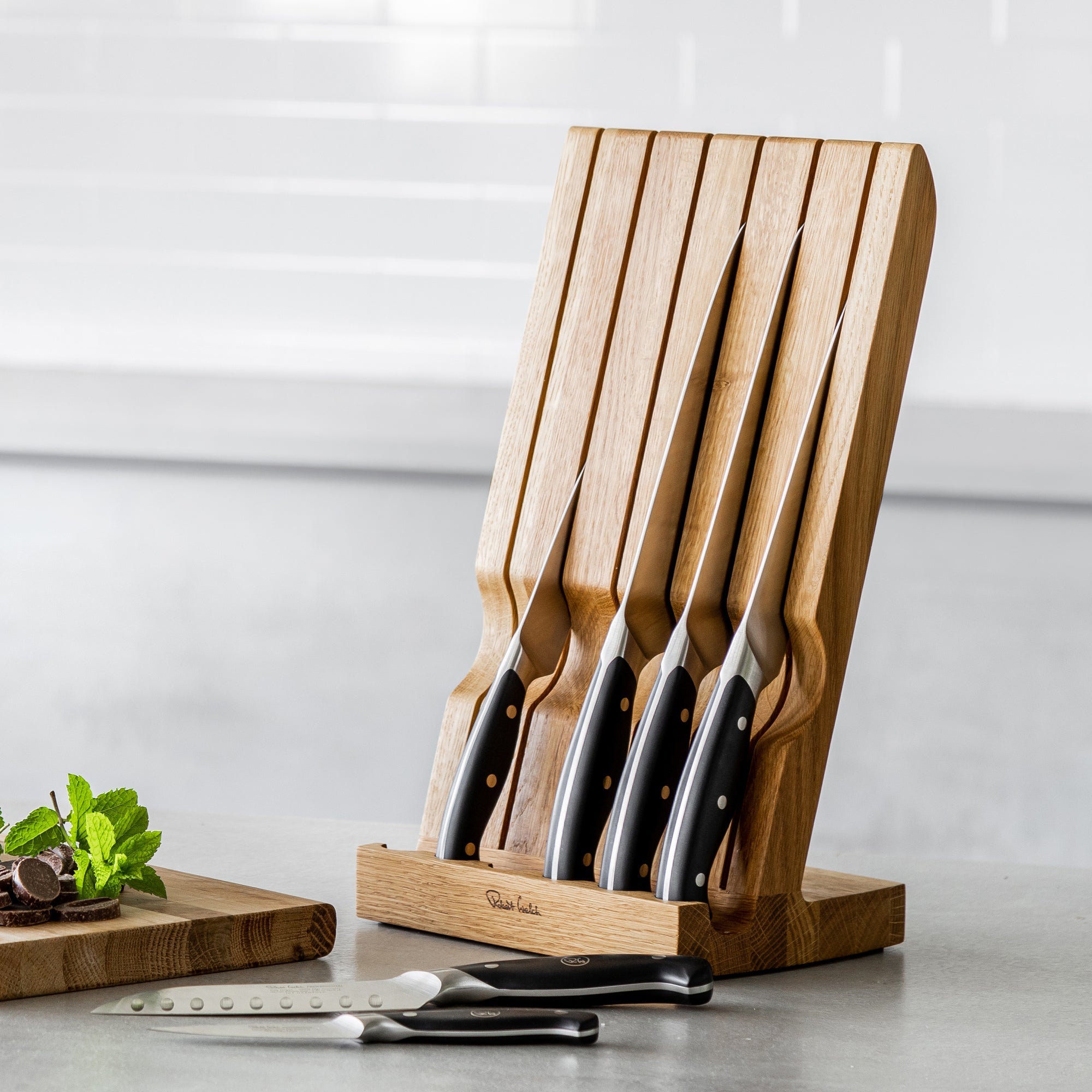 Angle Oak Knife Block in Plain White Box