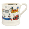 A white ceramic coffee mug featuring a colorful illustration of coastal and industrial scenes, including a boat, tractors, a seagull, and workers.