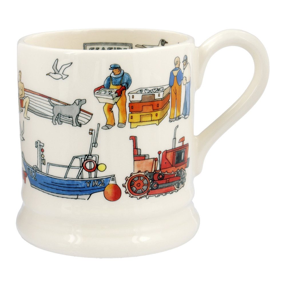 A white ceramic coffee mug featuring a colorful illustration of coastal and industrial scenes, including a boat, tractors, a seagull, and workers.
