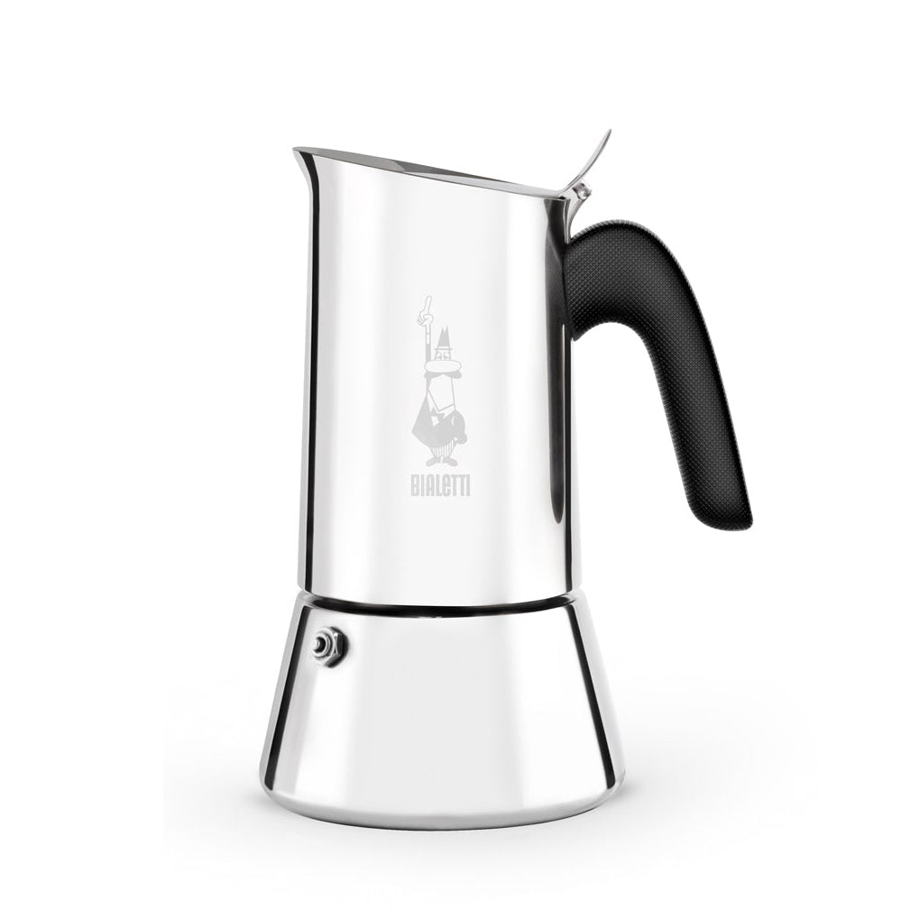 Stainless steel Bialetti espresso maker with black handle on a white background