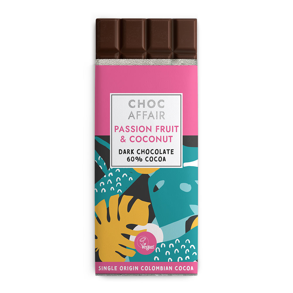 Choc Affair Passion Fruit & Coconut Dark Chocolate Bar